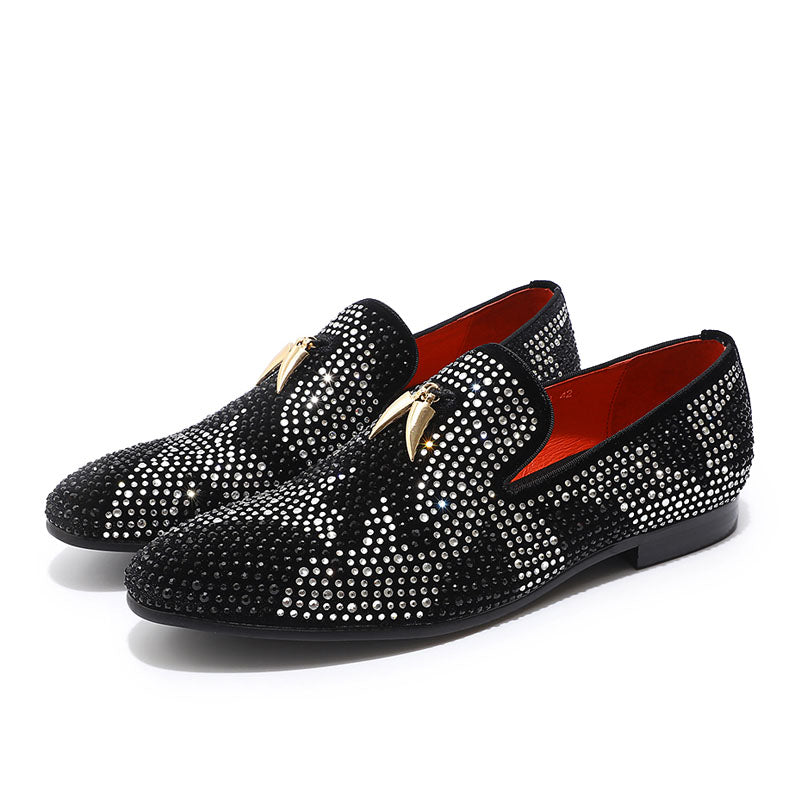 Luxury Rhinestone Handmade Men Red Black Velvet Loafer Shoes With Golden Tassel