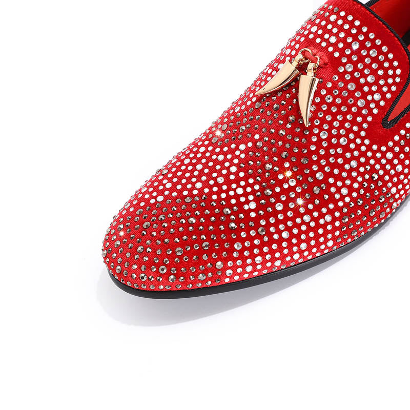 Luxury Rhinestone Handmade Men Red Black Velvet Loafer Shoes With Golden Tassel