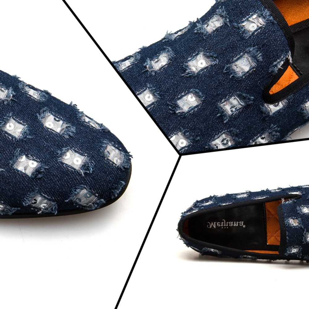 Casual Blue Denim Hollow Patched Light Breathable Style Men Loafers Shoes