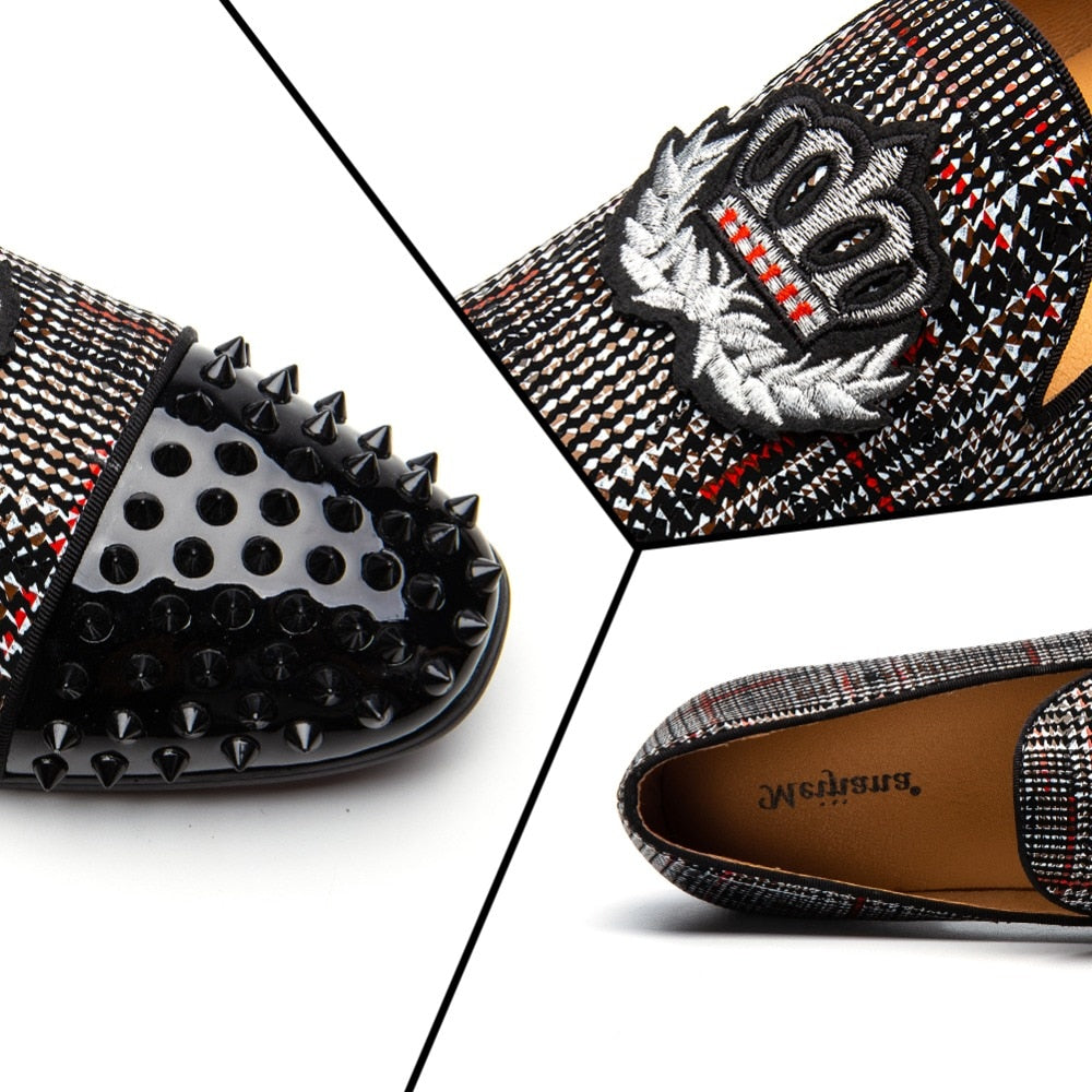 Black Spikes Rivets with Patched Ornament Detail Men Loafers Shoes - FanFreakz