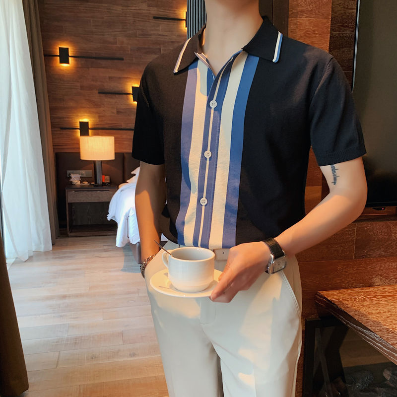 Middle Chest Twin Color Striped Polo Shirt