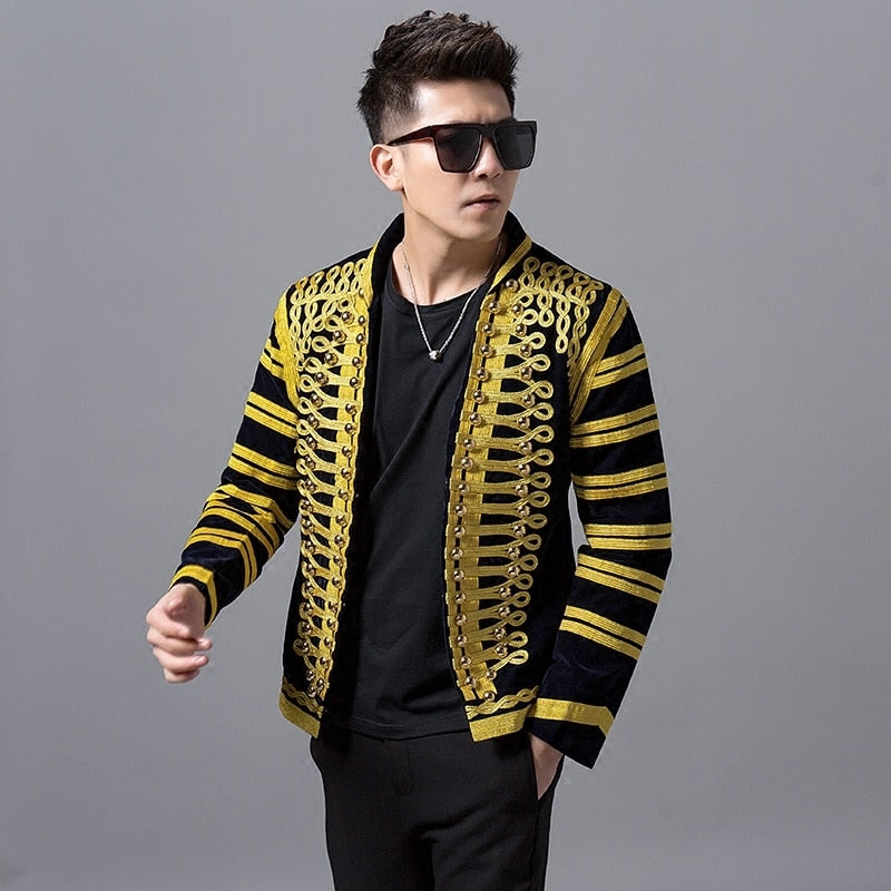 Black and Gold Court Style Men Dress Blazers for Stage Performer - FanFreakz