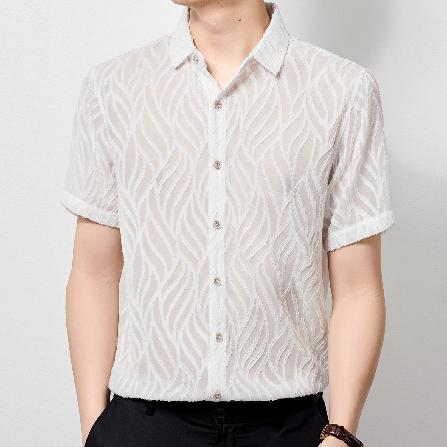 Semi Sheer Velour Embossed Pattern Men Shirt