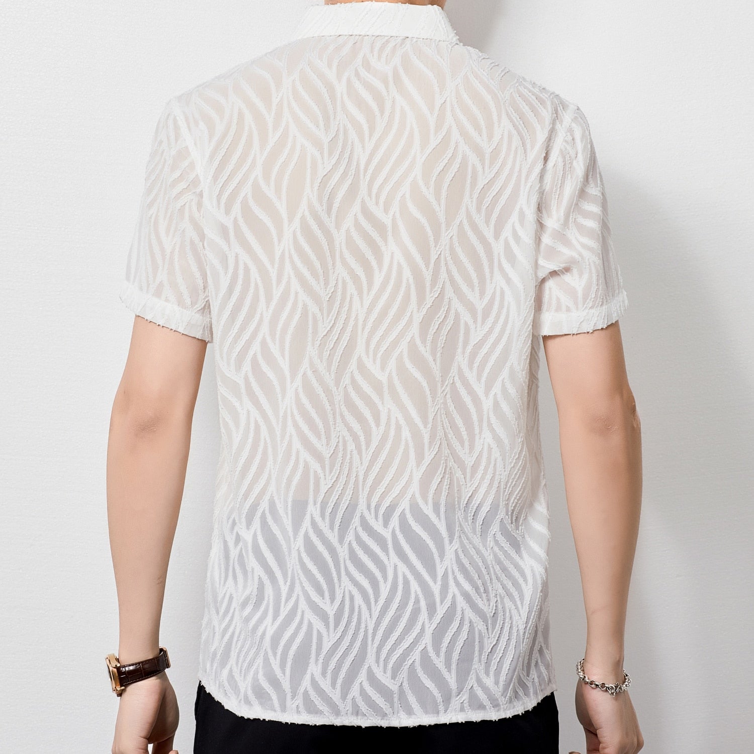 Semi Sheer Velour Embossed Pattern Men Shirt