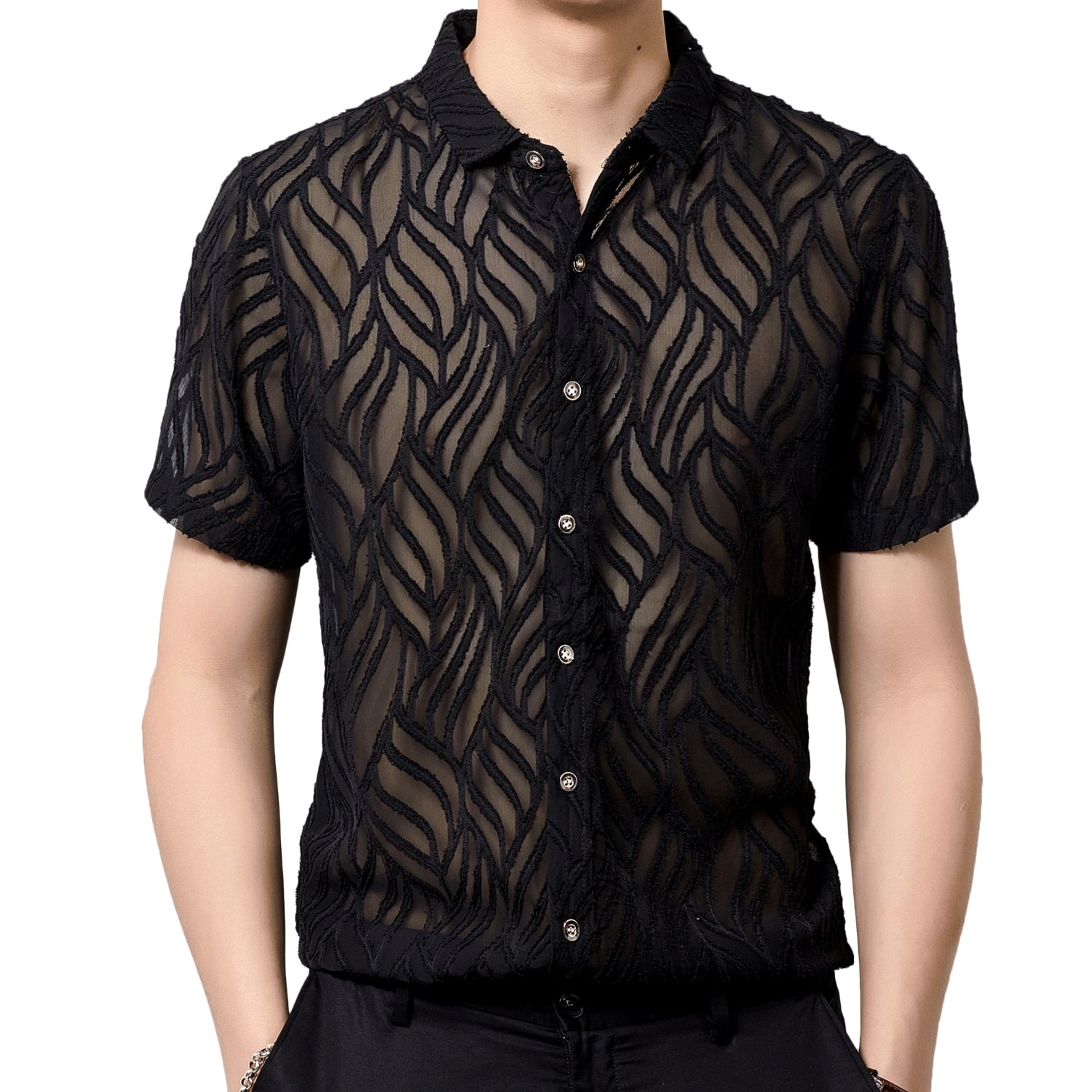 Semi Sheer Velour Embossed Pattern Men Shirt