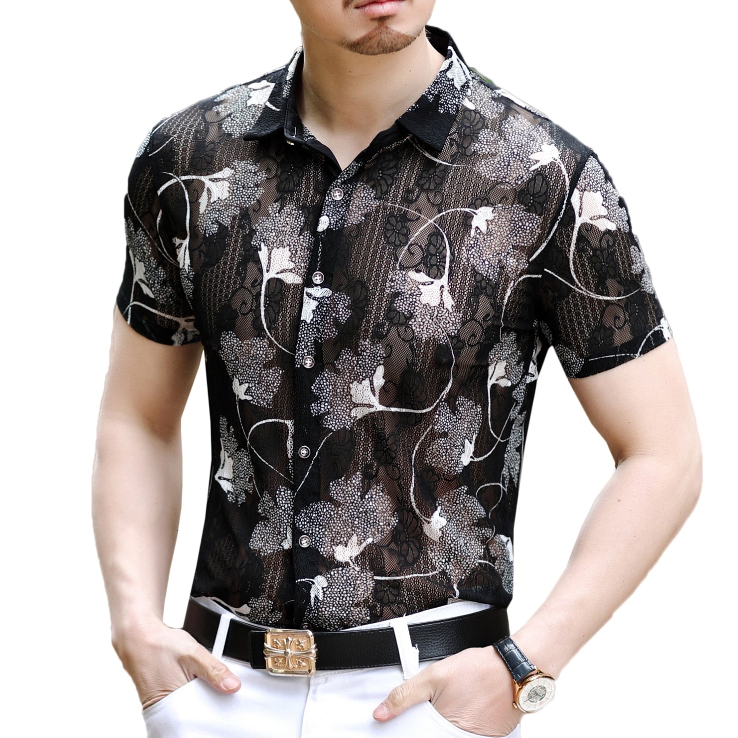 Printed Floral Mesh Semi Sheer Men Shirt