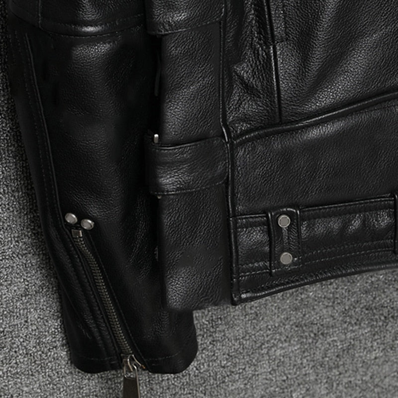 Zipper Pocket Decorated Turn-Down Collar Faux Leather Jacket