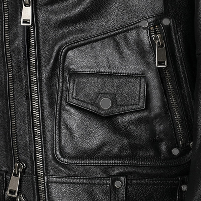 Zipper Pocket Decorated Turn-Down Collar Faux Leather Jacket