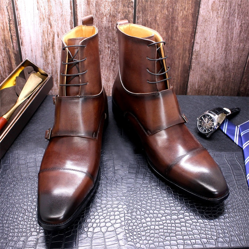 Monk Style Lace Up Leather Balmoral Boots