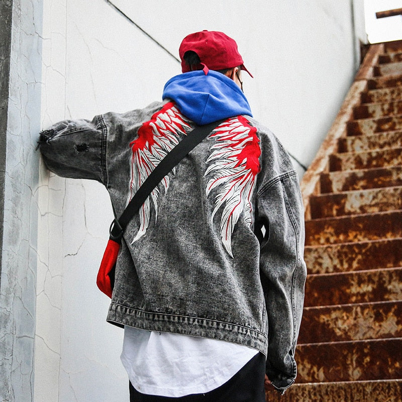 Distressed Casual Wings Embroidery Back Details Men Jacket