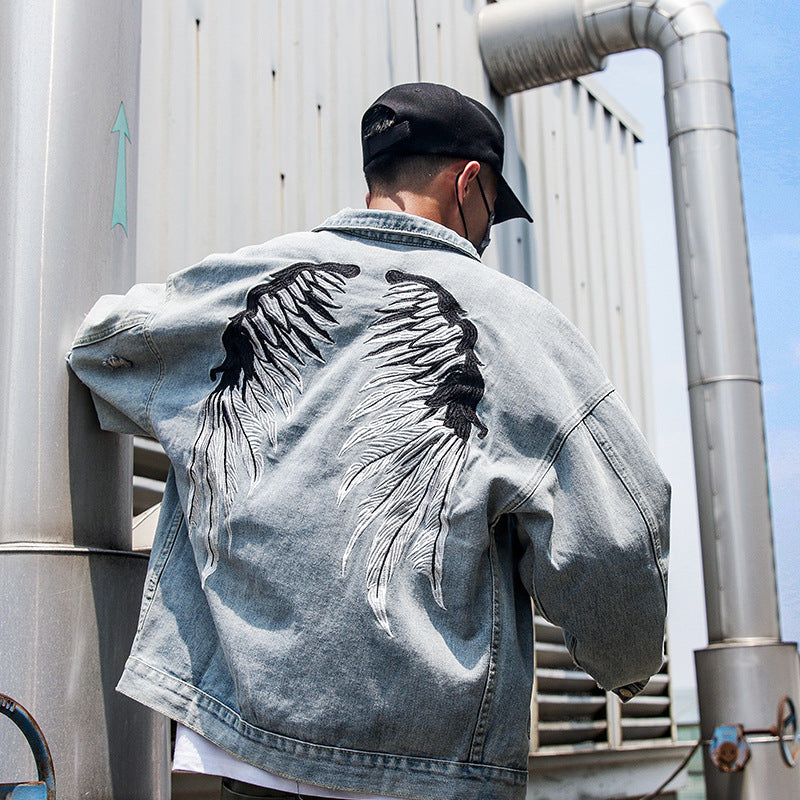 Distressed Casual Wings Embroidery Back Details Men Jacket