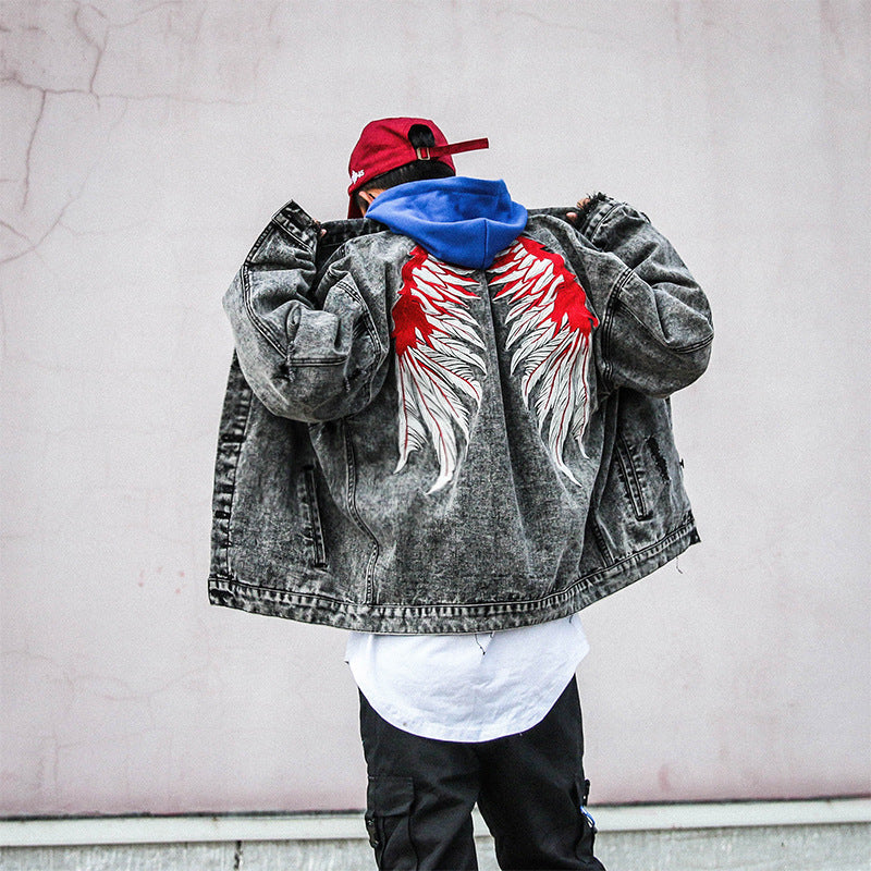 Distressed Casual Wings Embroidery Back Details Men Jacket