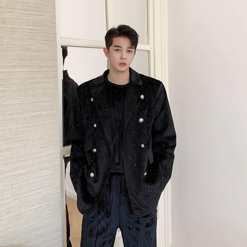 Shimmer Velvet Buttons Men Double Breasted Blazer