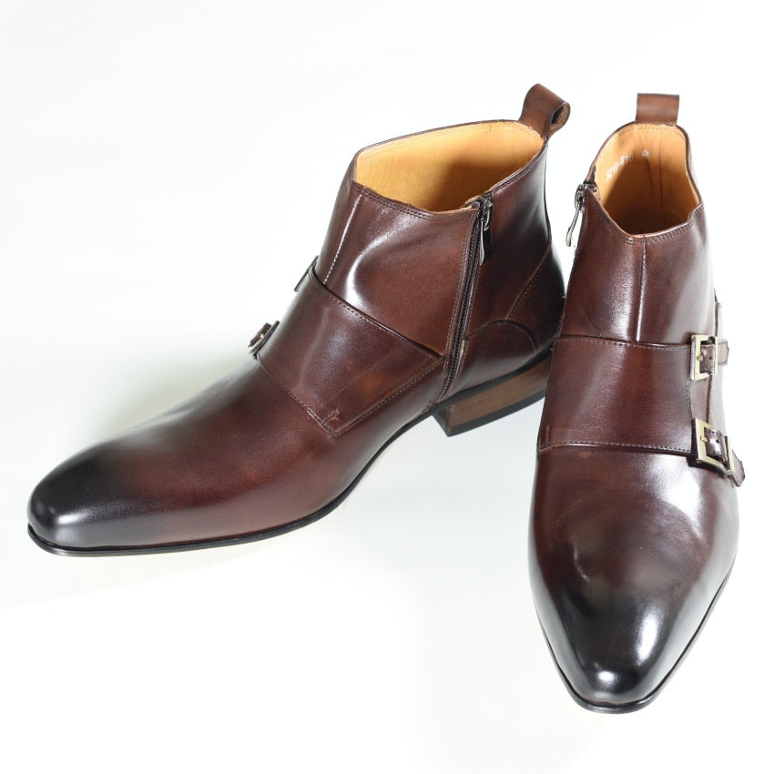 Buckle Strap Genuine Leather Dress Boots