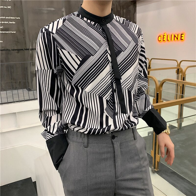 Striped Geometric Black White with Casual Tie Men Long Sleeves Shirts