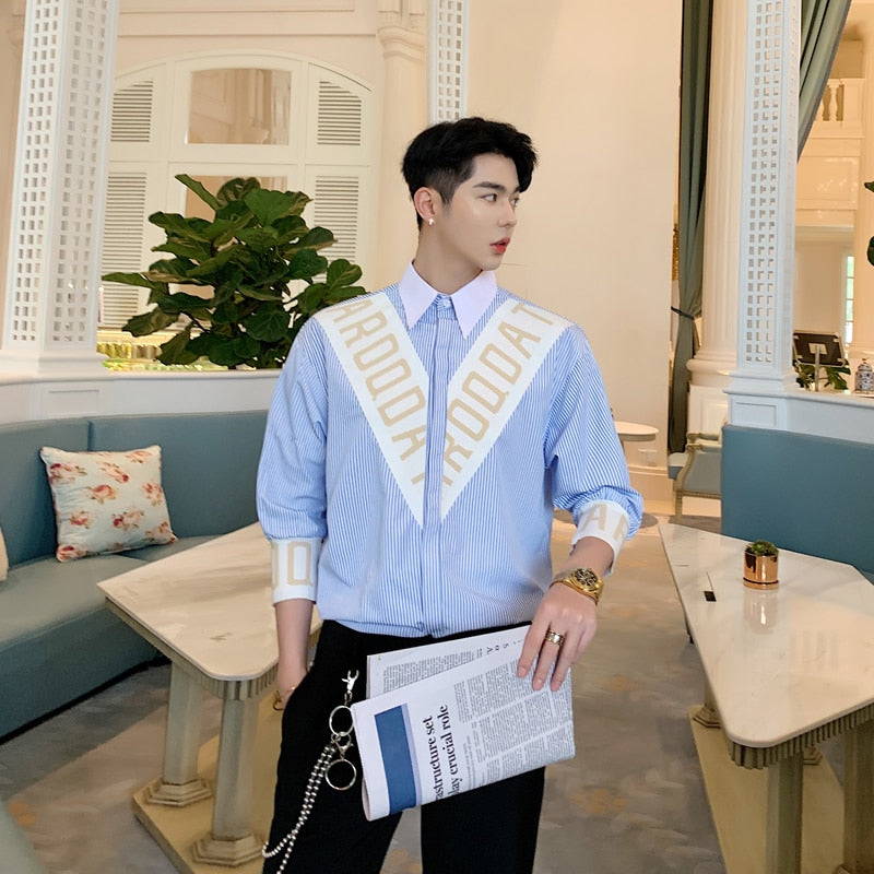 Blue Striped Casual Three Quarter Sleeve Men Shirts