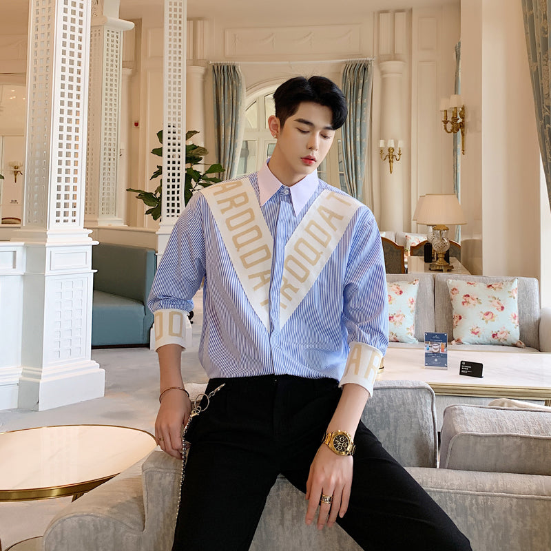 Blue Striped Casual Three Quarter Sleeve Men Shirts