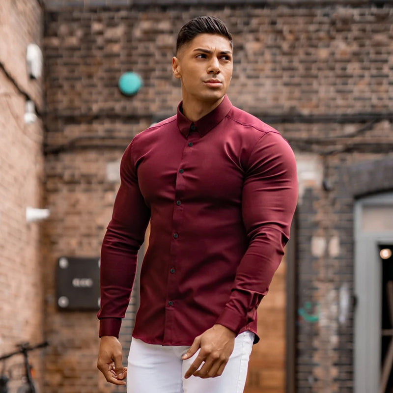 Muscular Solid Fit Casual Long Sleeve Shirt