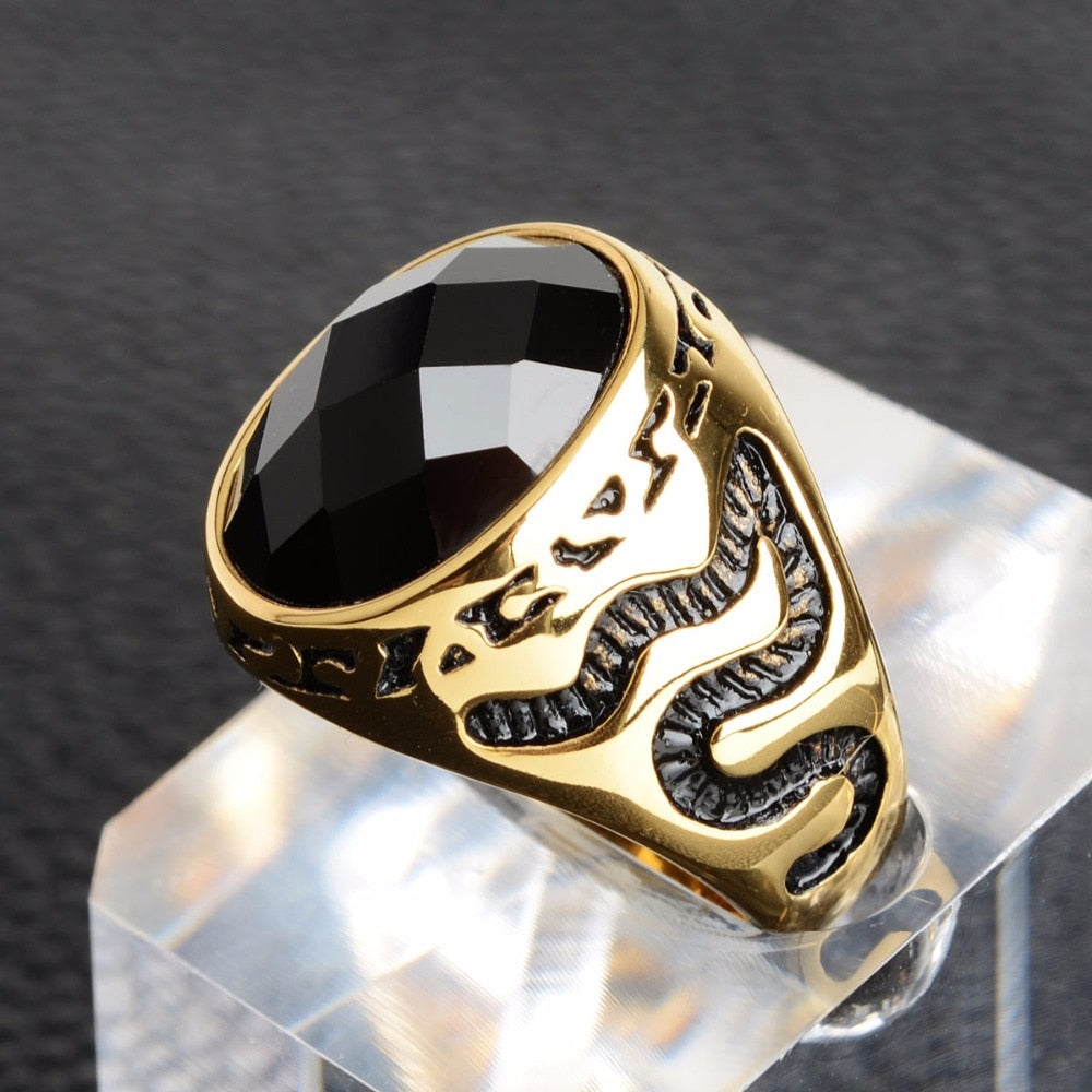 Snakes And Oval Black Stone Decorated Golden Ring