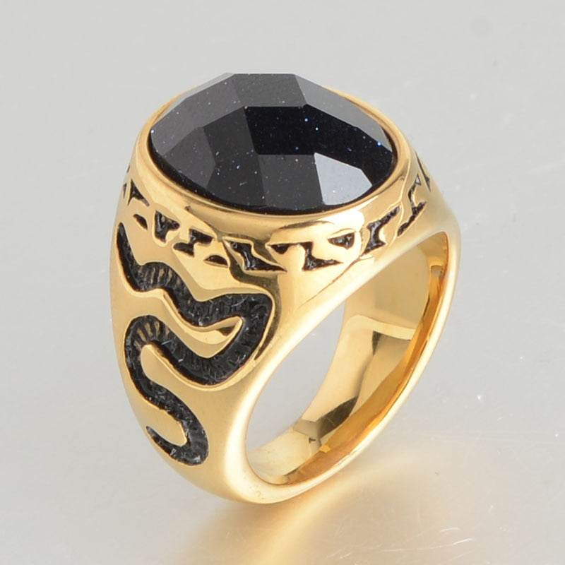 Snakes And Oval Black Stone Decorated Golden Ring