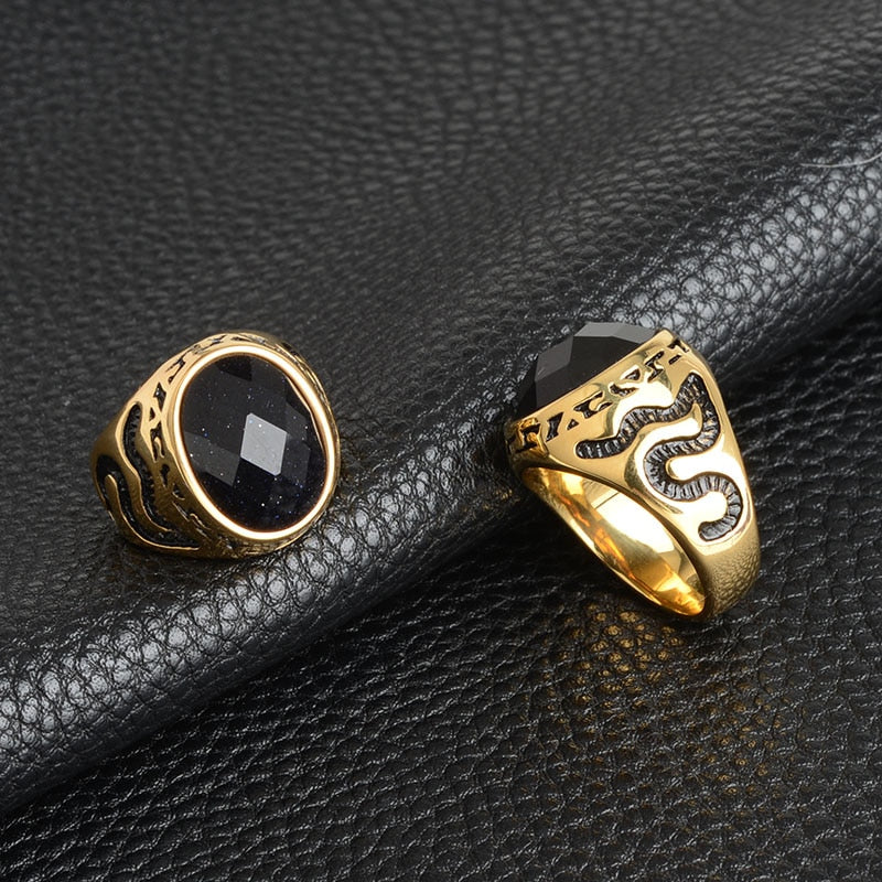 Snakes And Oval Black Stone Decorated Golden Ring