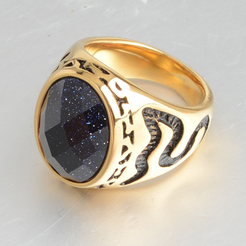 Snakes And Oval Black Stone Decorated Golden Ring