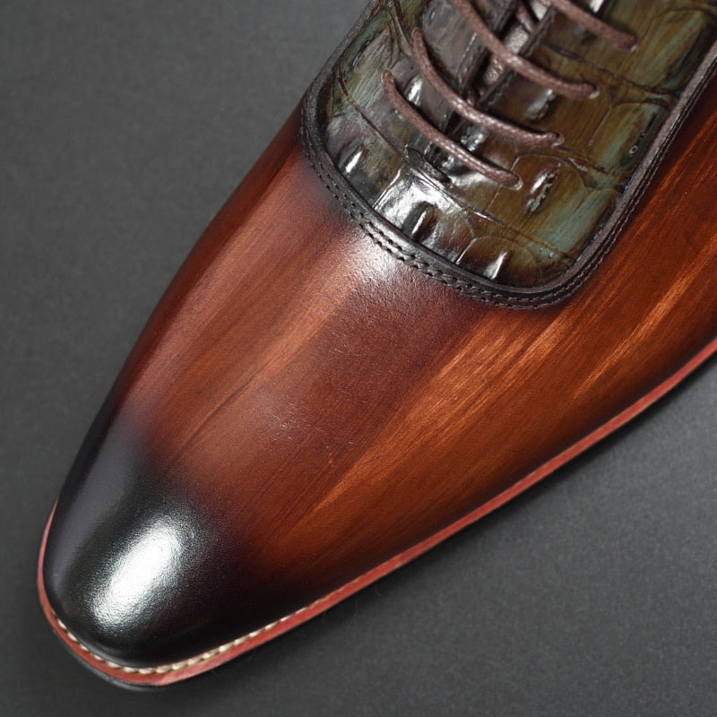 Pointed Toe Formal Dress Leather Lace Up Coffee Mixed Color Men Shoes