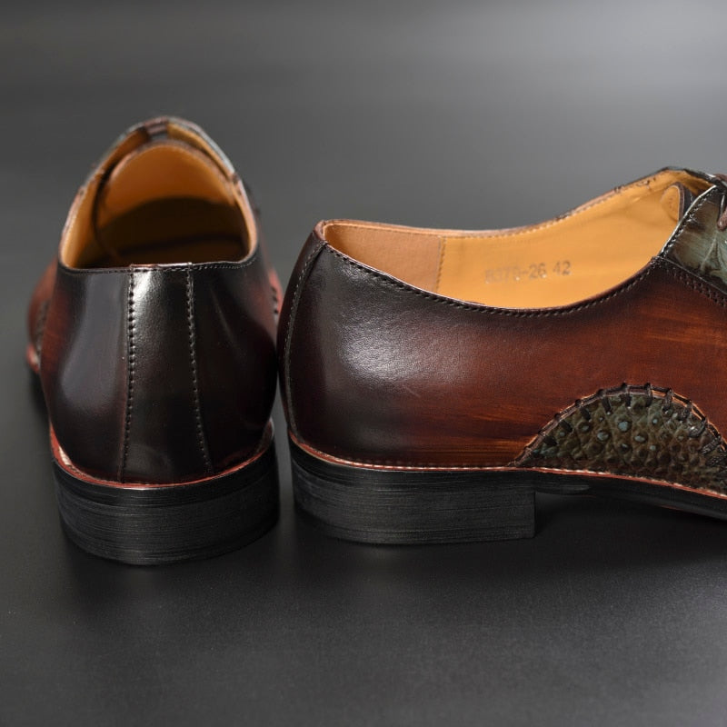 Pointed Toe Formal Dress Leather Lace Up Coffee Mixed Color Men Shoes