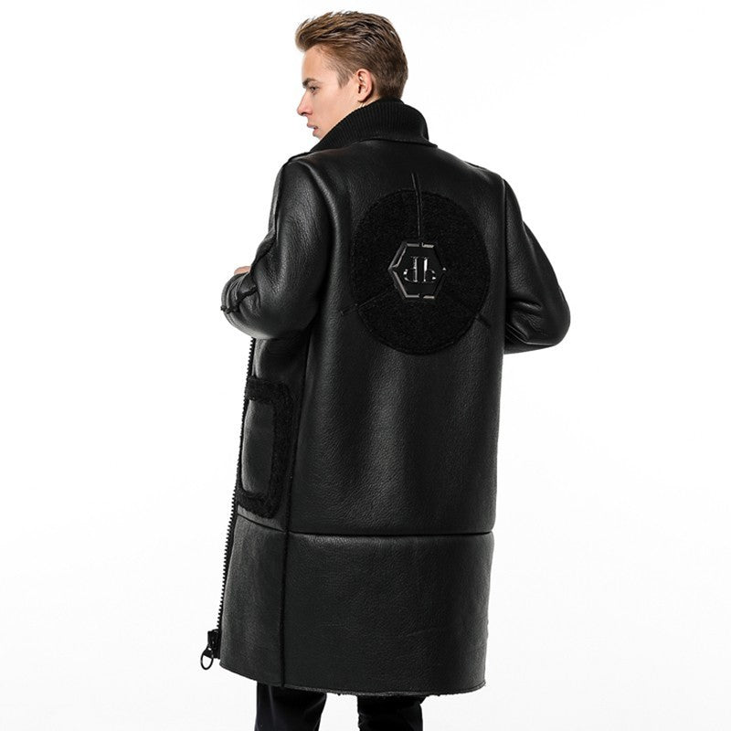 Classy Black Wool and Leather Combination Men Long Jacket with Embossed Detail Backside - FanFreakz