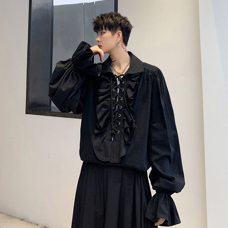 Gothic Vintage Party Style with Lace Up Ruffles Chest Detail Men Shirt
