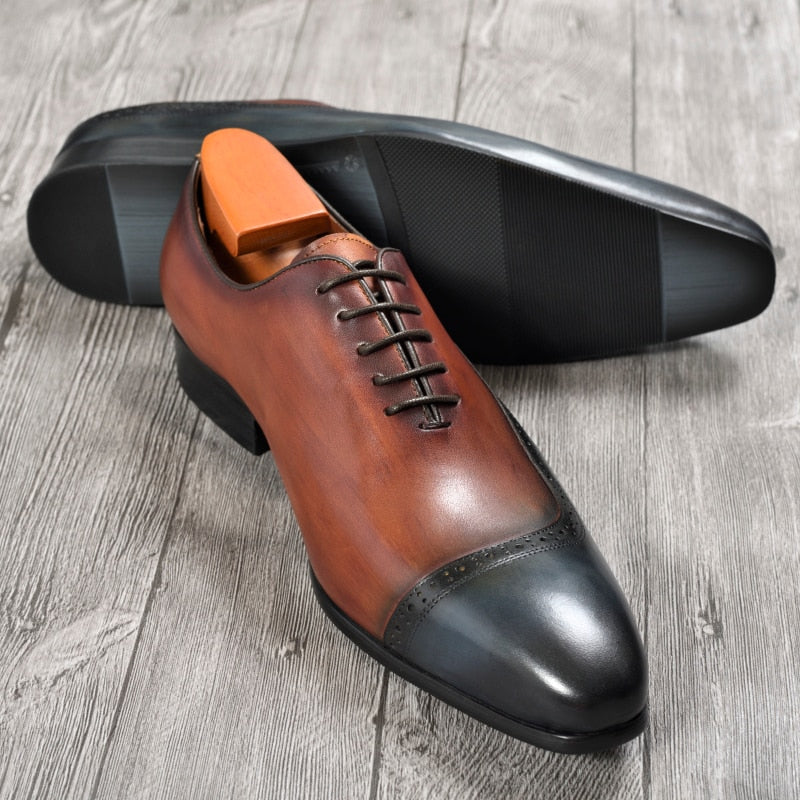 Men Brown Blue Double Color Formal Leather Shoes
