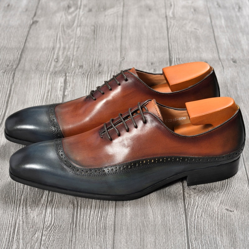 Men Brown Blue Double Color Formal Leather Shoes