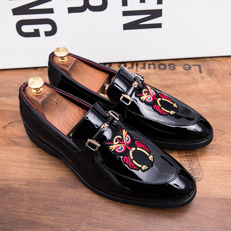 Owl and Lafayette Patch Embroidery Patent Leather Men Shoes