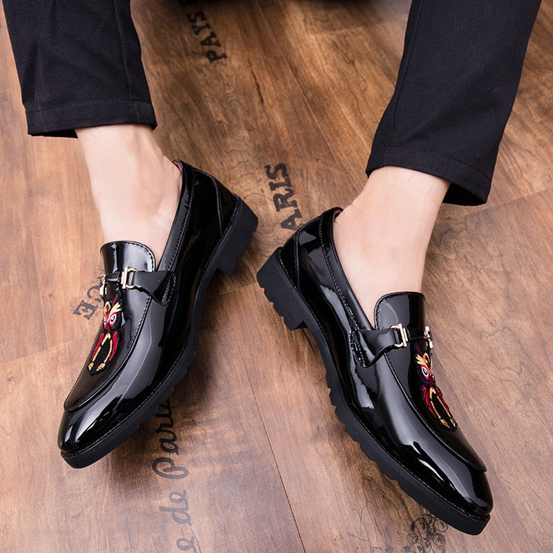 Owl and Lafayette Patch Embroidery Patent Leather Men Shoes