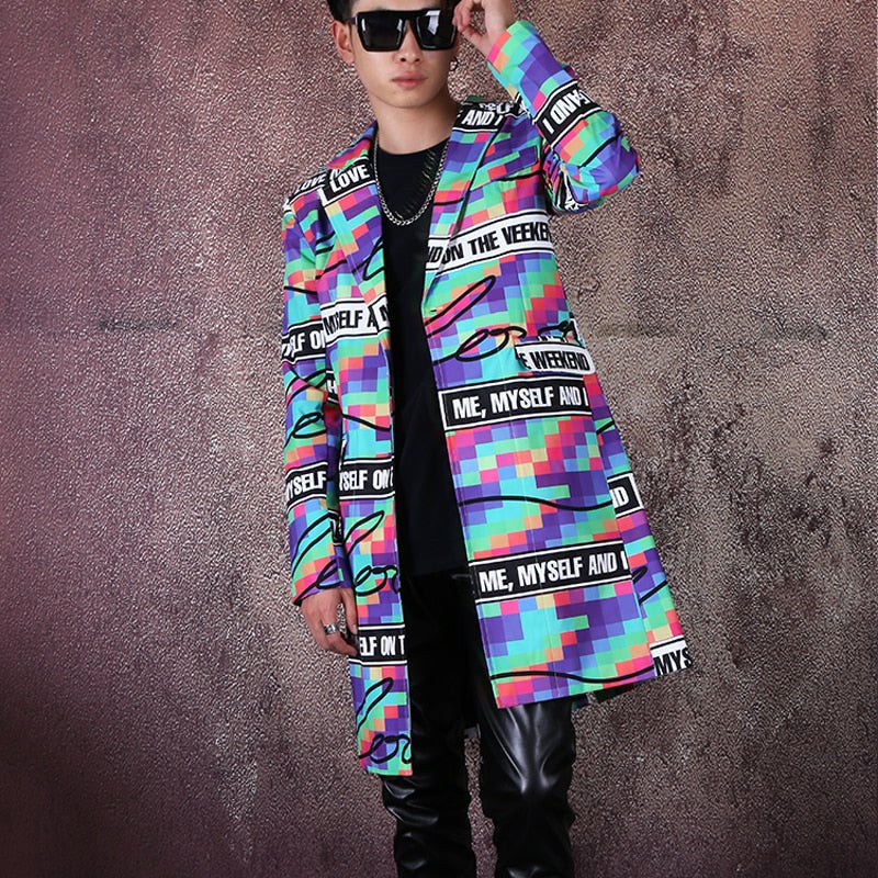 Colorful Personality Printing Hip Hop Long Casual Style Men Blazer