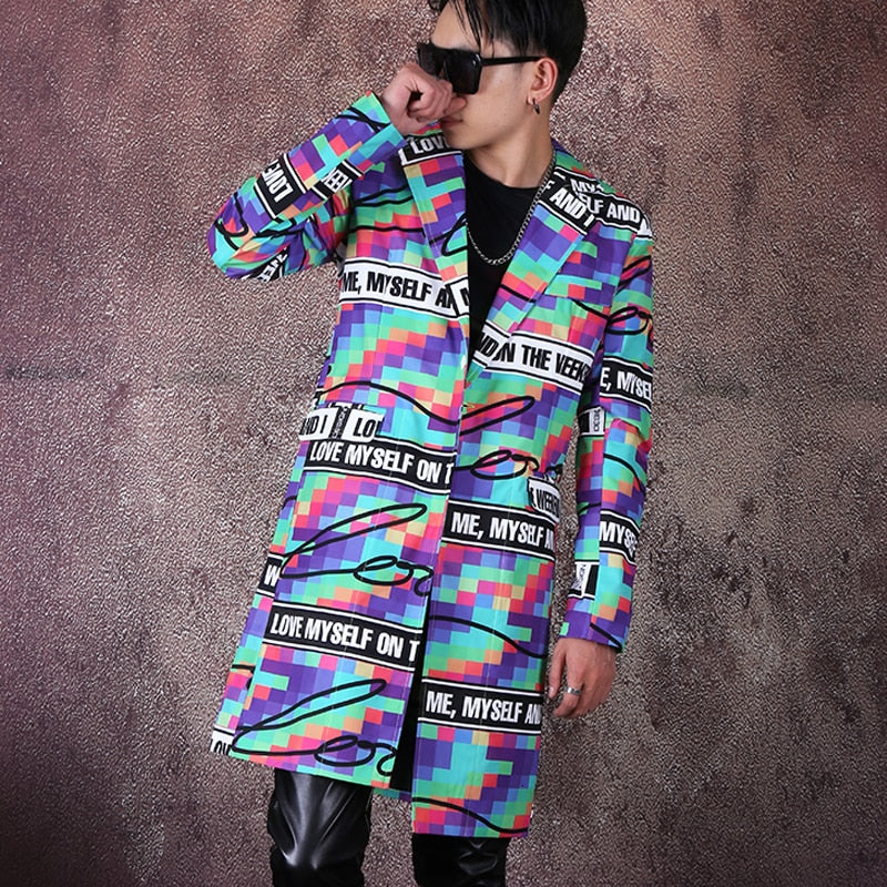 Colorful Personality Printing Hip Hop Long Casual Style Men Blazer