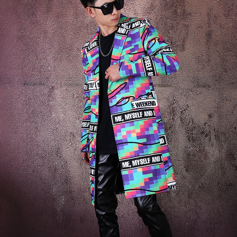 Colorful Personality Printing Hip Hop Long Casual Style Men Blazer