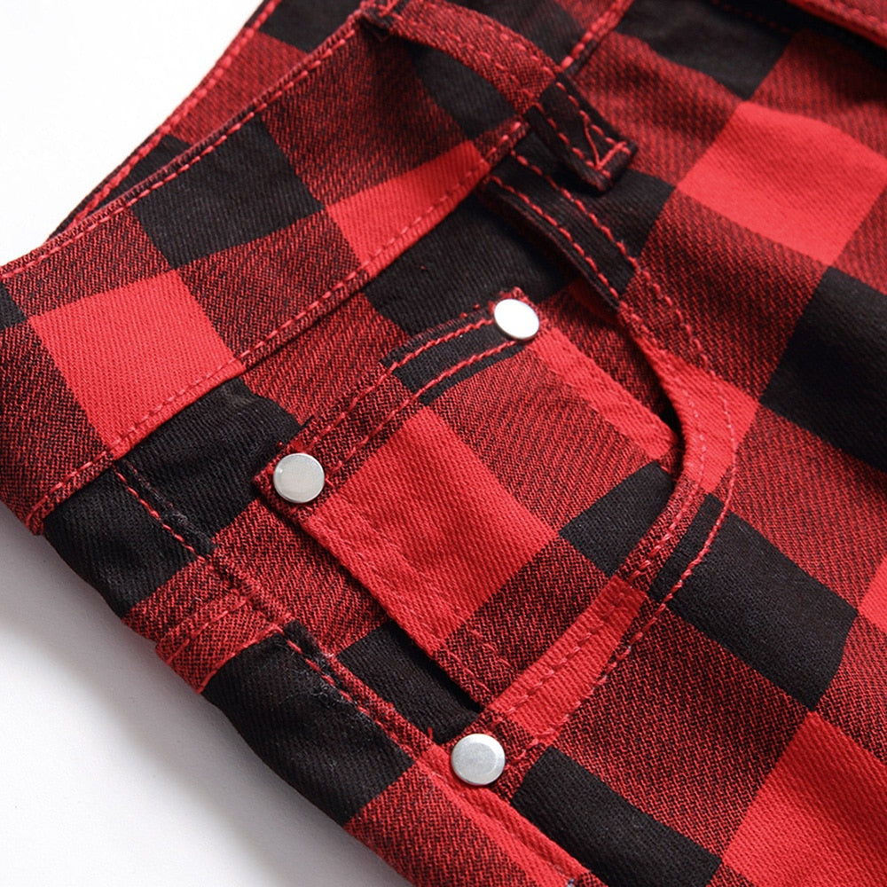 Black Red Plaid Print Straight Fit Jeans