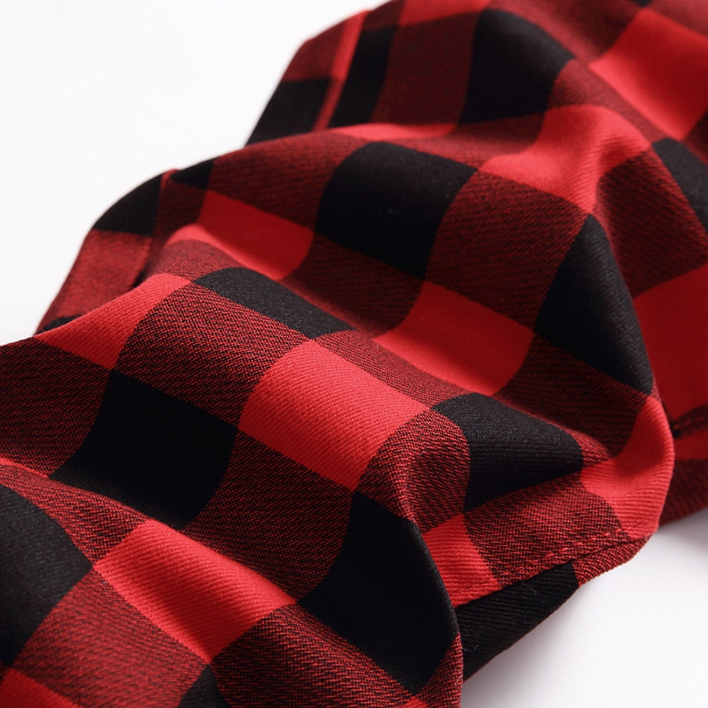 Black Red Plaid Print Straight Fit Jeans