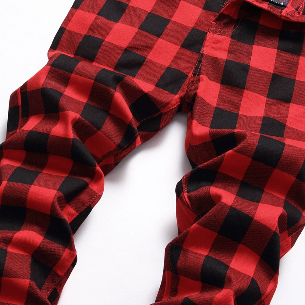 Black Red Plaid Print Straight Fit Jeans