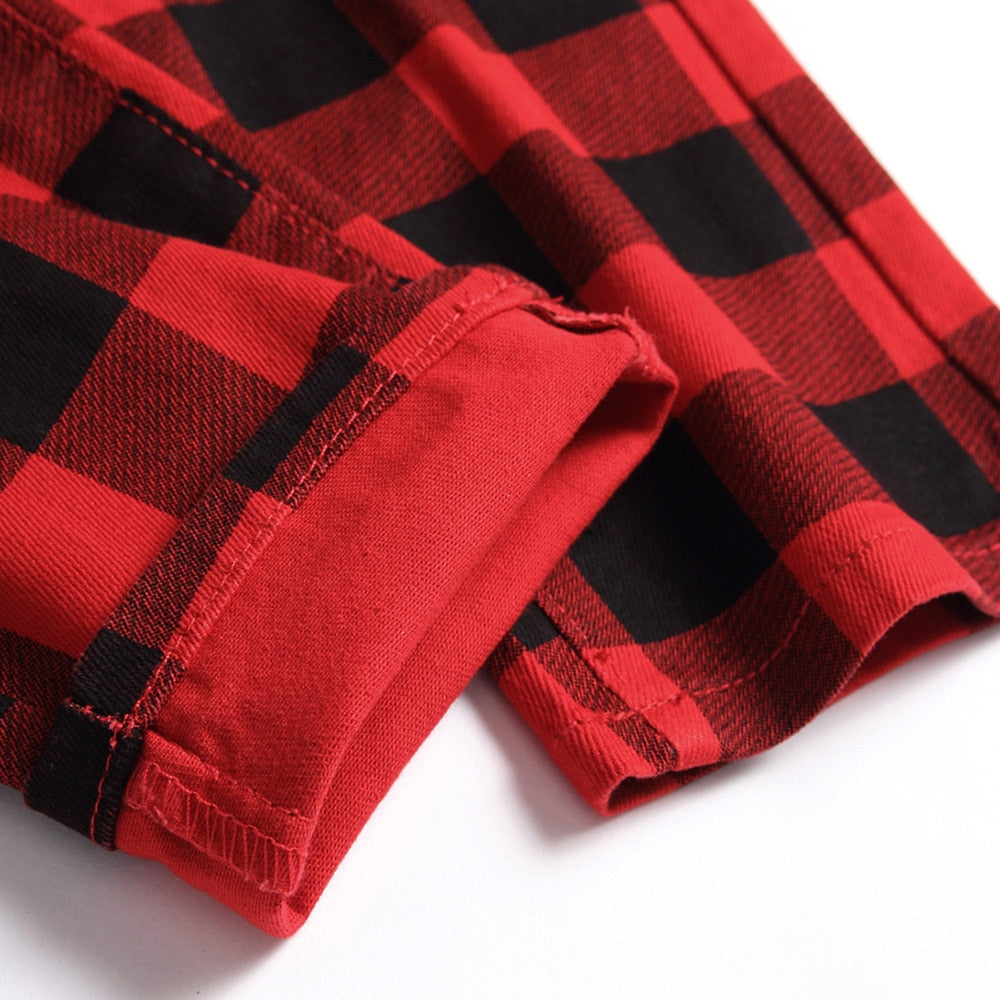 Black Red Plaid Print Straight Fit Jeans