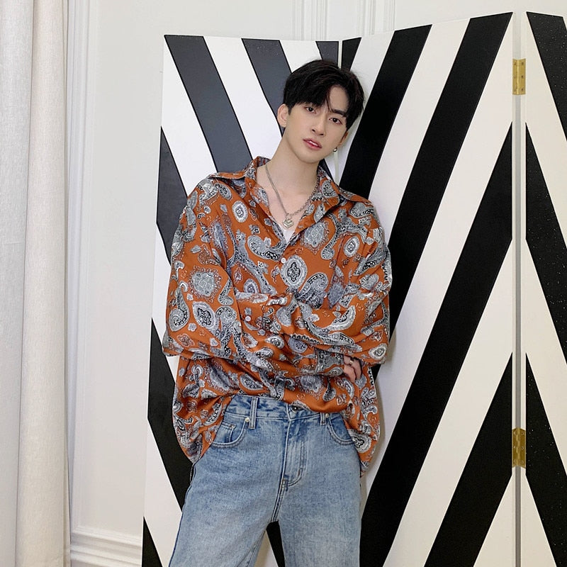 Paisley Retro Style Print Long Sleeve Men Shirt