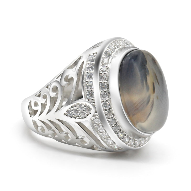 Sterling Silver Oval Nature Stone with Hollow Design Men Fashion Ring
