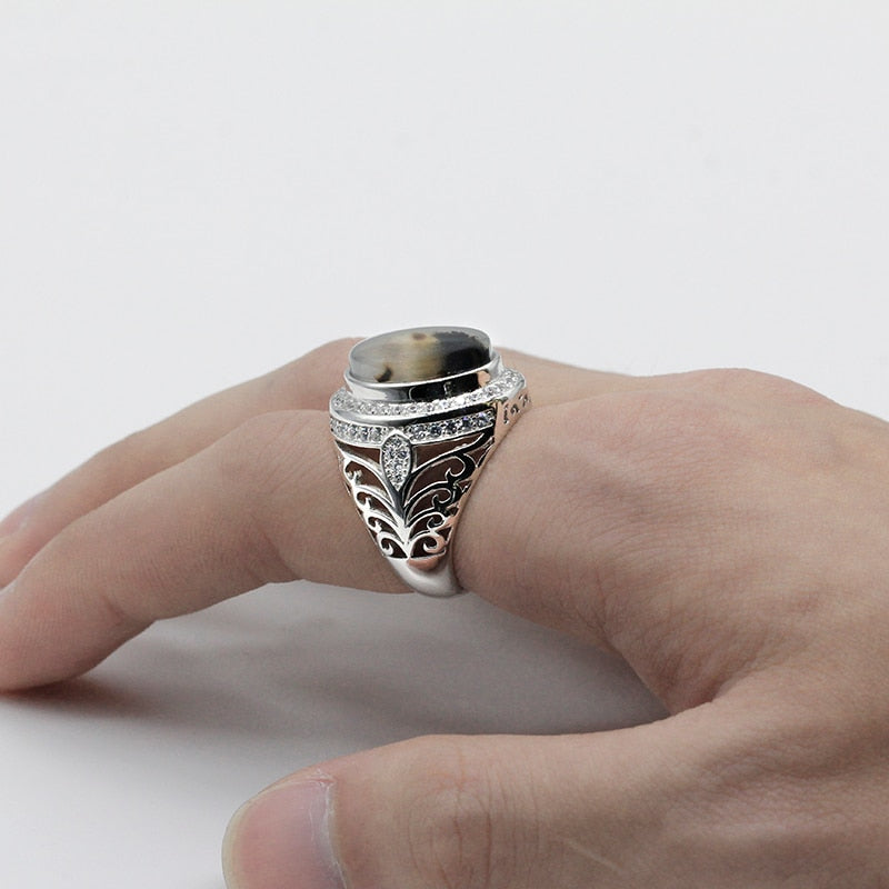 Sterling Silver Oval Nature Stone with Hollow Design Men Fashion Ring