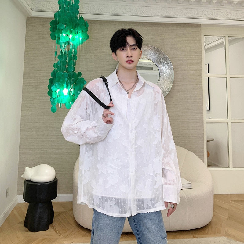 Semi Sheer Men Laser Cut Jacquard Shirt