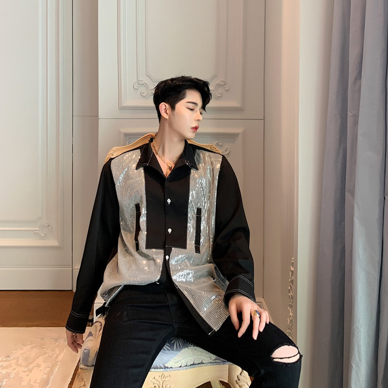 Sequined Chiffon Long Sleeve Style Men Casual Shirt