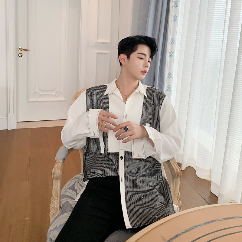 Sequined Chiffon Long Sleeve Style Men Casual Shirt