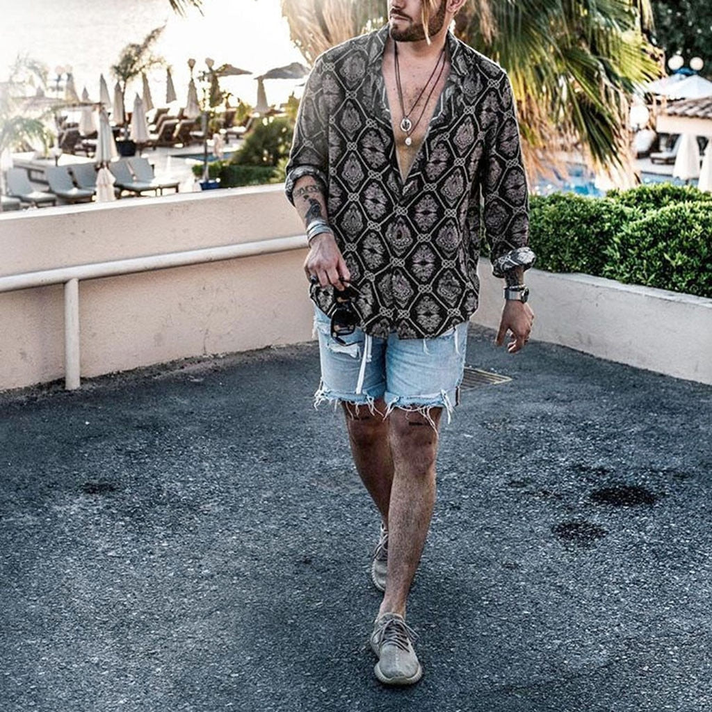 Loose Casual Top Long Sleeve Wild Print Men Shirts