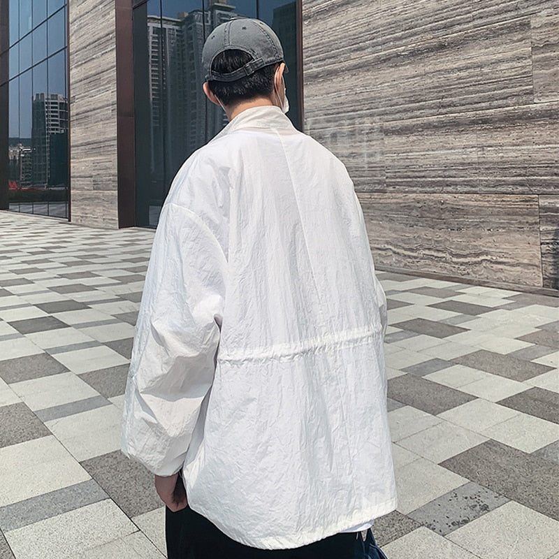 Cargo Pockets Men Thin Drawstring Bottom Jacket