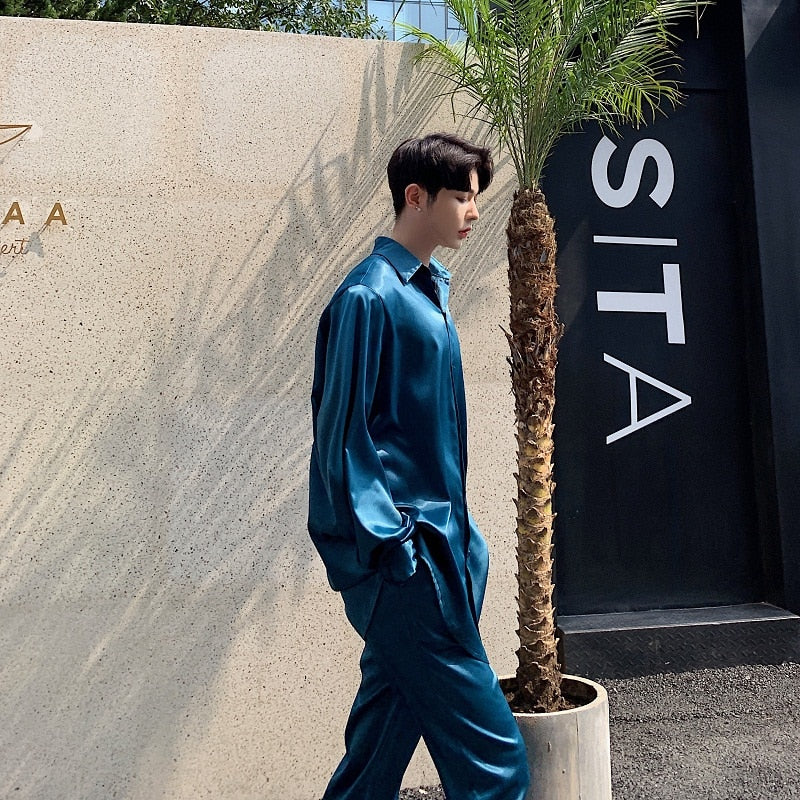 Solid Thin Loose Satin Summer Style Men Long Sleeve Shirts